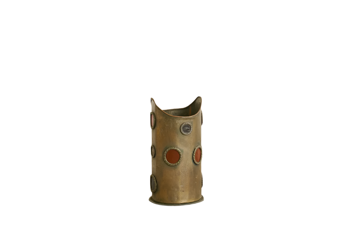 BRUTALIST METAL BIN w. LEATHER COLOURED CIRCLES