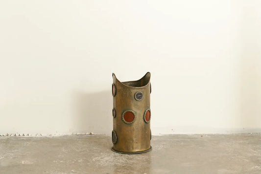 BRUTALIST METAL BIN w. LEATHER COLOURED CIRCLES