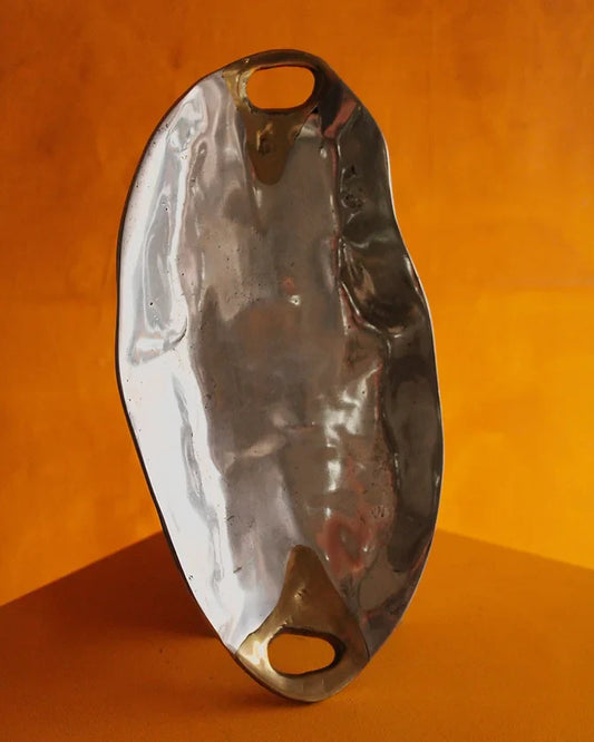 ABSTRACT CAST ALUMINIUM TRAY w. BRASS HANDLES