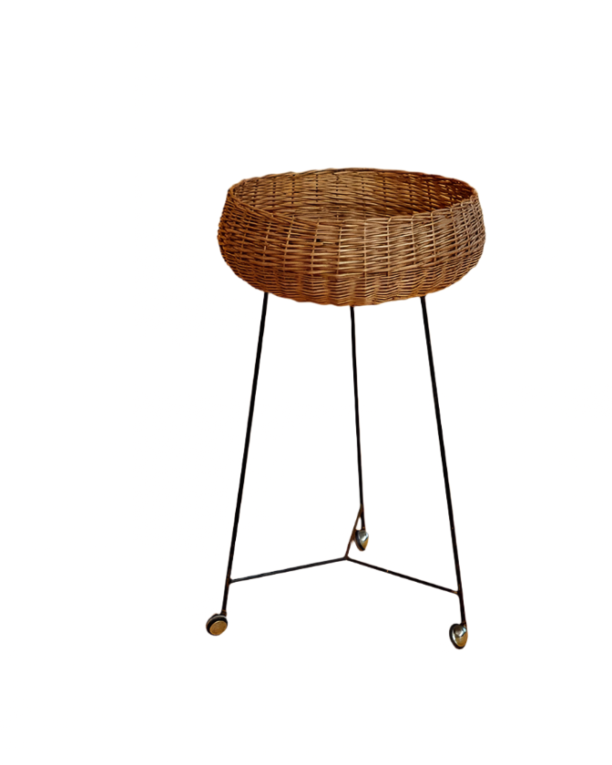 PAIR OF STANDING RATTAN BASKETS w. WHEELS