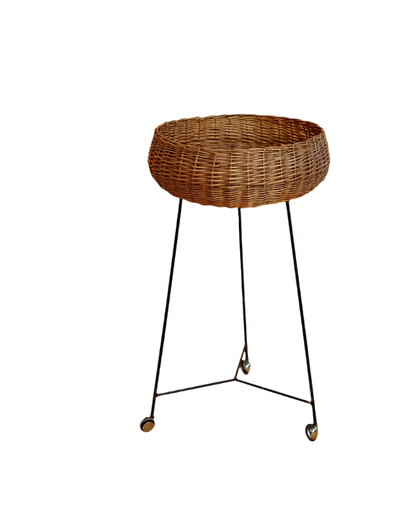 PAIR OF STANDING RATTAN BASKETS w. WHEELS