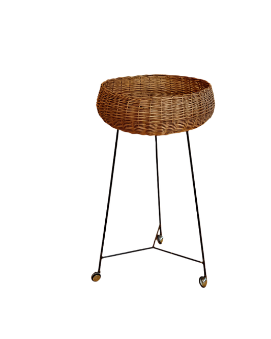 PAIR OF STANDING RATTAN BASKETS w. WHEELS