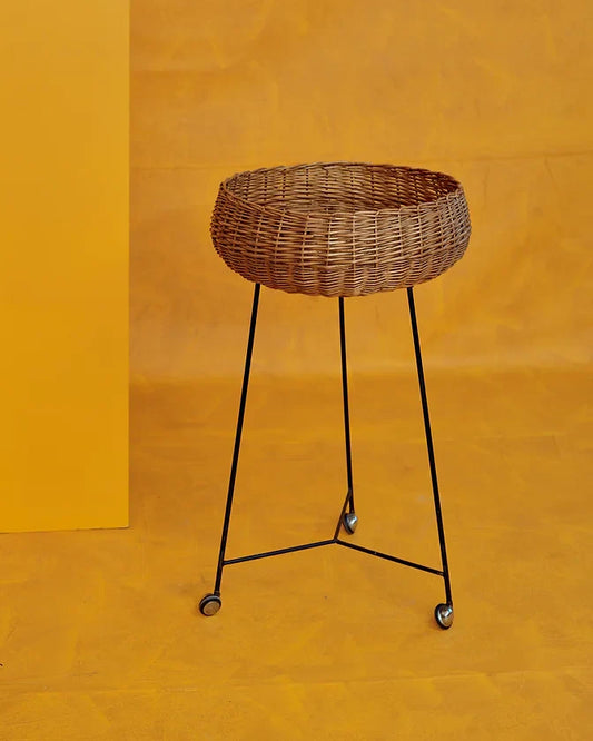 PAIR OF STANDING RATTAN BASKETS w. WHEELS