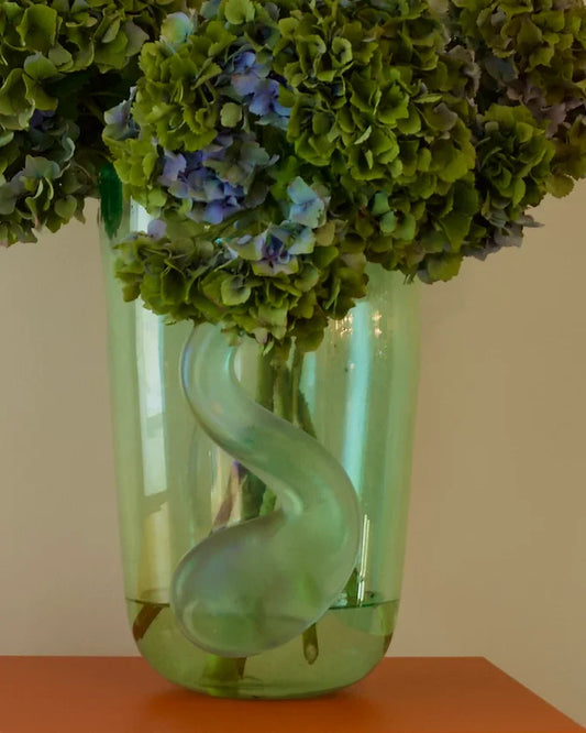 GREEN MURANO VASE w. APPLIED SWIRLS