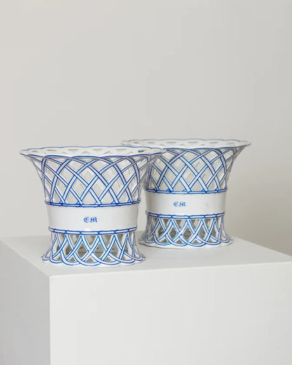 CERAMIC BLUE LINED BASKET VASES
