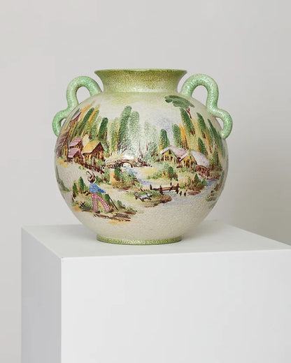 AUSTRIAN SCENE ENAMLED POTTERY VASE