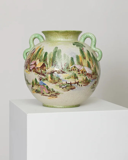 AUSTRIAN SCENE ENAMLED POTTERY VASE