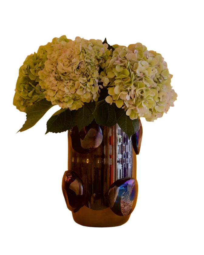 DARK IRIDESCENT MURANO GLASS VASE w. APPLIED TEXTURED SPOTS