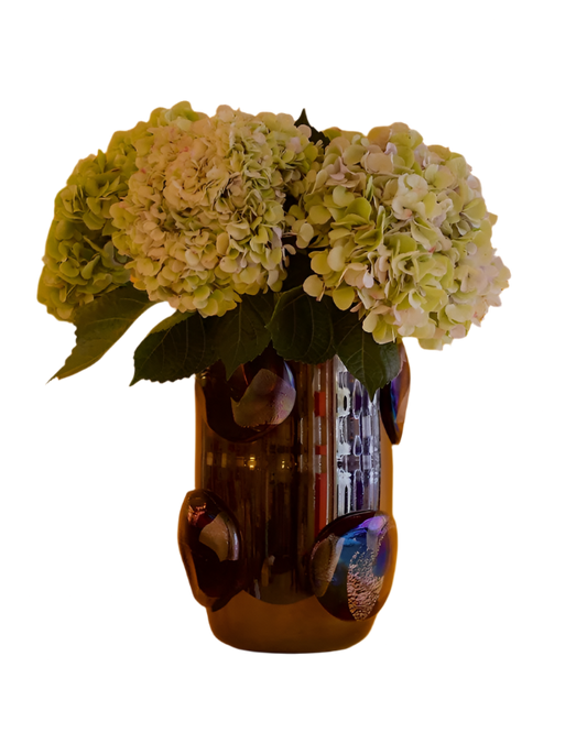 DARK IRIDESCENT MURANO GLASS VASE w. APPLIED TEXTURED SPOTS