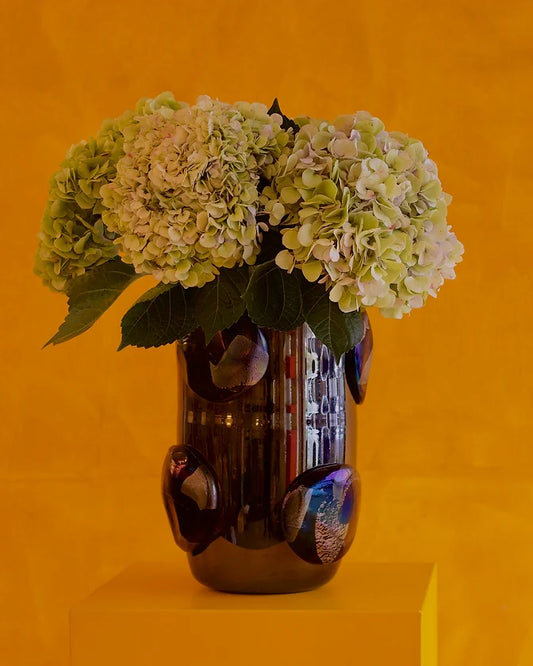 DARK IRIDESCENT MURANO GLASS VASE w. APPLIED TEXTURED SPOTS