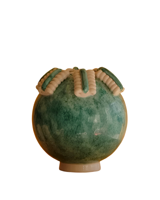 MEDIUM GREEN CERAMIC VASE w. WHITE RIBBON