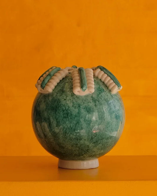 MEDIUM GREEN CERAMIC VASE w. WHITE RIBBON