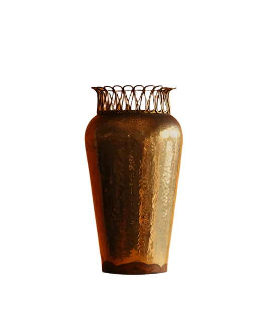 HAMMERED BRASS UMBRELLA STAND WITH DECORATIVE TRIM