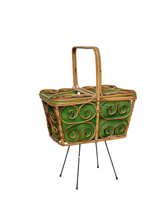 FRENCH GREEN RATTAN PICNIC BASKET w. STAND