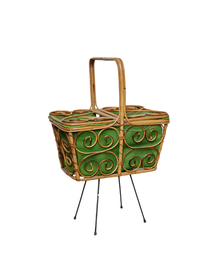 FRENCH GREEN RATTAN PICNIC BASKET w. STAND