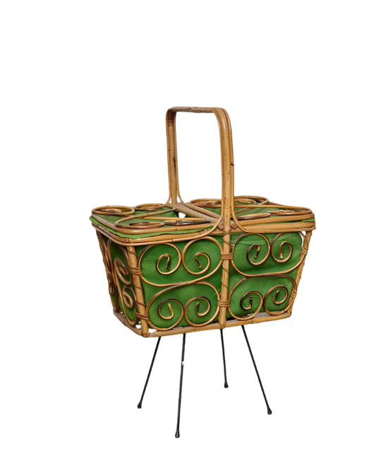 FRENCH GREEN RATTAN PICNIC BASKET w. STAND