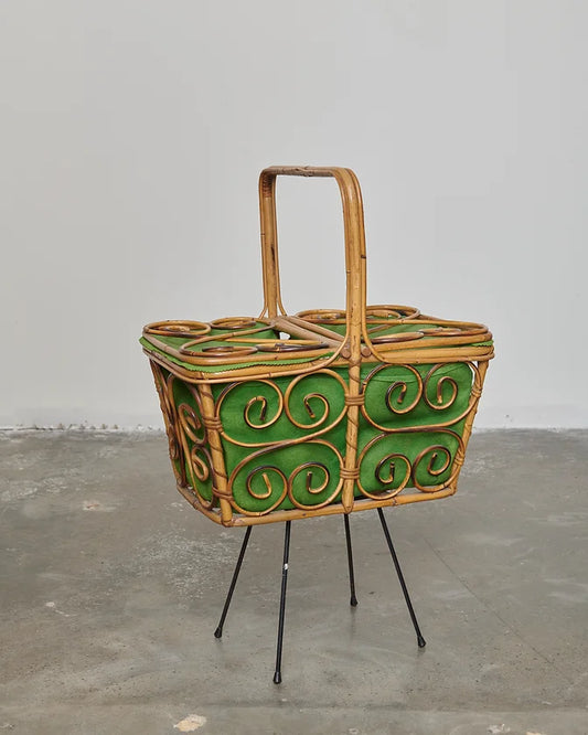 FRENCH GREEN RATTAN PICNIC BASKET w. STAND