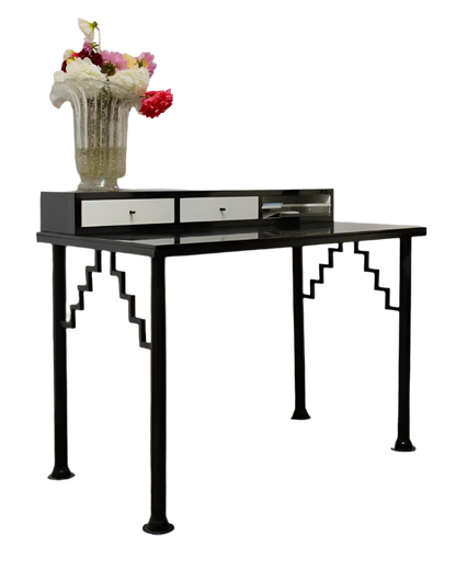 ART DECO BLACK LAMINATE DESK w. METAL BASE