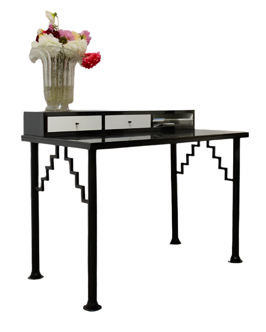 ART DECO BLACK LAMINATE DESK w. METAL BASE