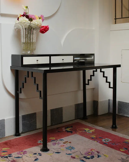 ART DECO BLACK LAMINATE DESK w. METAL BASE
