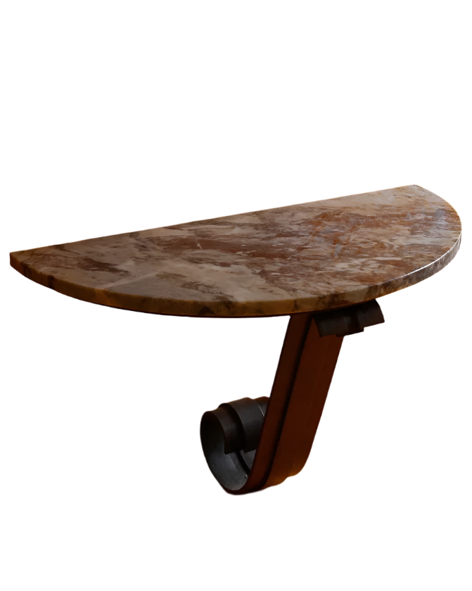 CURVED MARBLE HALL TABLE w. WAVE IRON BASE