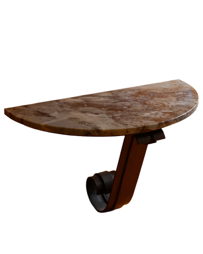 CURVED MARBLE HALL TABLE w. WAVE IRON BASE