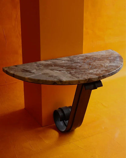 CURVED MARBLE HALL TABLE w. WAVE IRON BASE