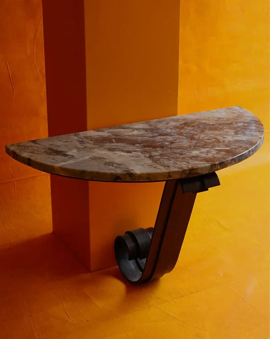 CURVED MARBLE HALL TABLE w. WAVE IRON BASE