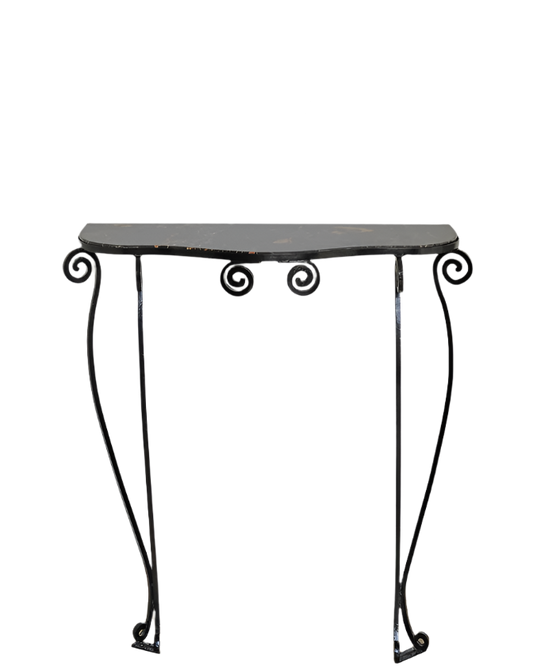 MARBLE HALL TABLE w. CURVED IRON BASE