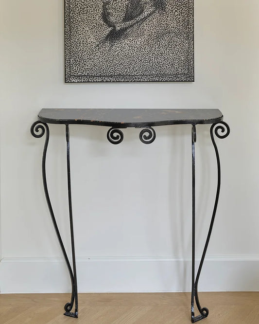 MARBLE HALL TABLE w. CURVED IRON BASE