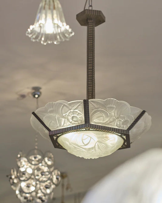ART DECO FLORAL FROSTED GLASS PENDANT