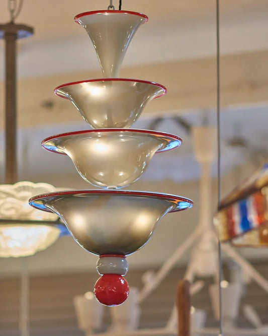 PAIR OF SMOKED GLASS TIERED PENDANT w. RED DETAIL