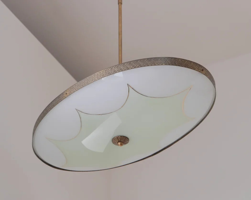 FONTANA ARTE GLASS SAUCER PENDANT w. BRASS DETAIL