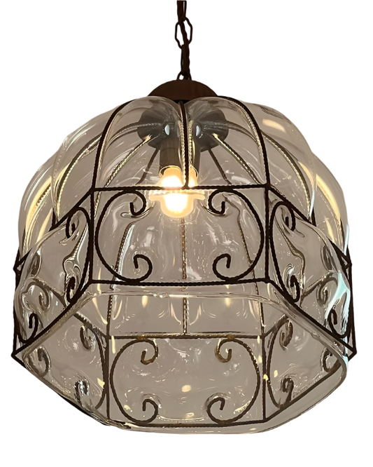 TRIO OF VENETIAN THREADED IRON GLASS PENDANTS