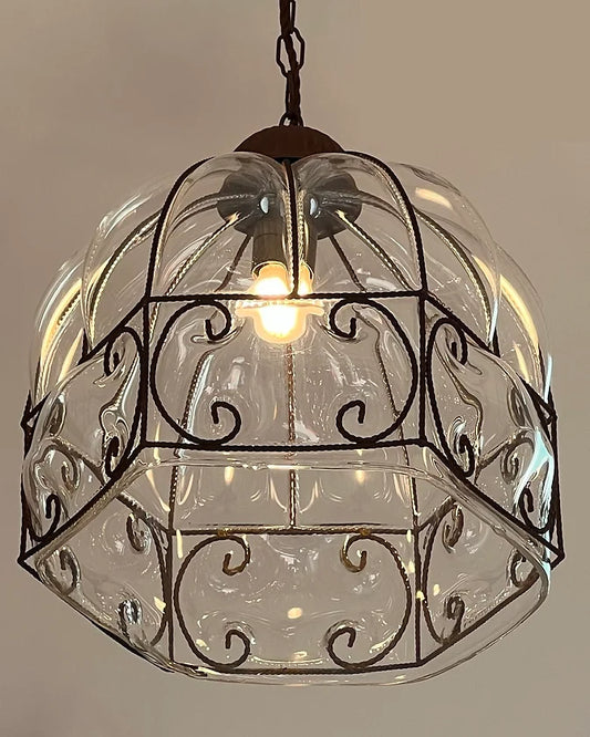 TRIO OF VENETIAN THREADED IRON GLASS PENDANTS