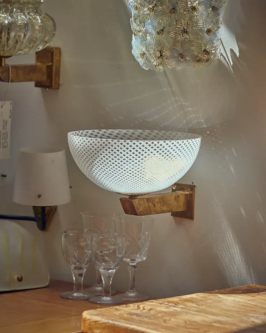 WHITE MURANO GLASS SCONCE w. FLAT BRASS BASE
