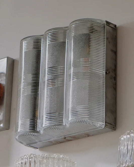 TRIO OF BRUSH ALUMINIUM LINED GLASS SCONCES