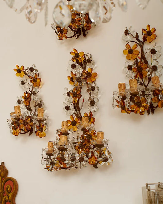 SET OF GILDED METAL SCONCES w. FLOWERS