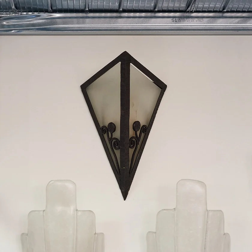 WROUGHT IRON w. FROSTED GLASS SCONCES