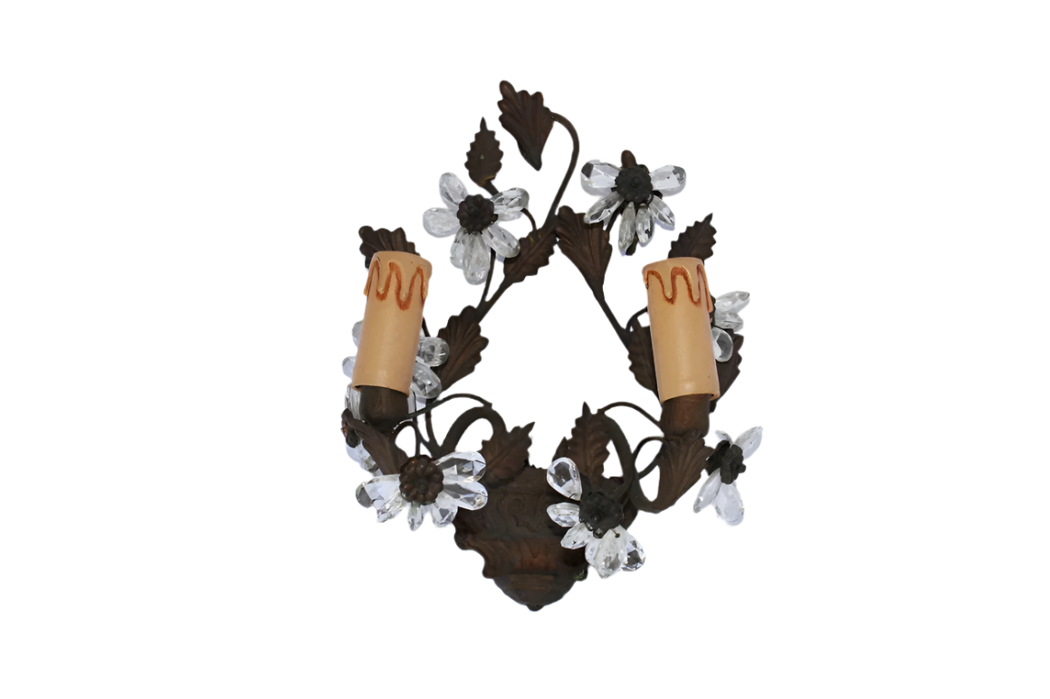 WROUGHT IRON & CRYSTAL FLOWER MOTIF SCONCES
