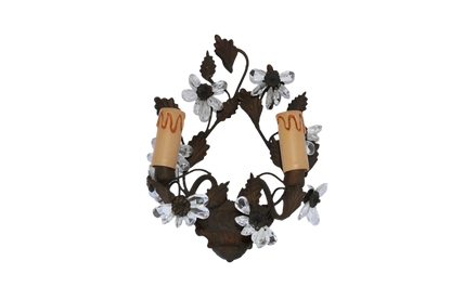 WROUGHT IRON & CRYSTAL FLOWER MOTIF SCONCES