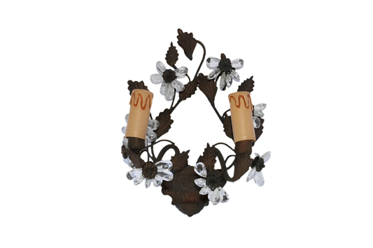 WROUGHT IRON & CRYSTAL FLOWER MOTIF SCONCES