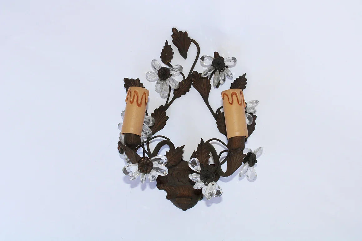 WROUGHT IRON & CRYSTAL FLOWER MOTIF SCONCES