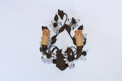 WROUGHT IRON & CRYSTAL FLOWER MOTIF SCONCES