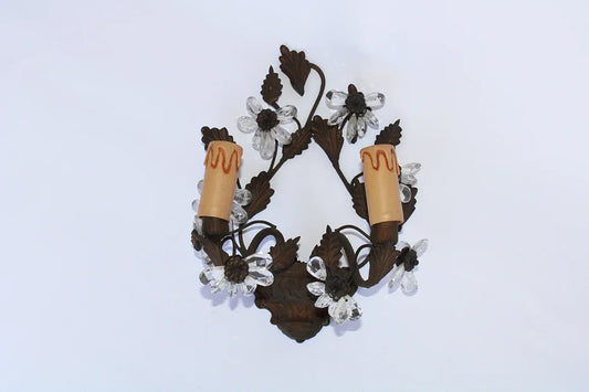 WROUGHT IRON & CRYSTAL FLOWER MOTIF SCONCES