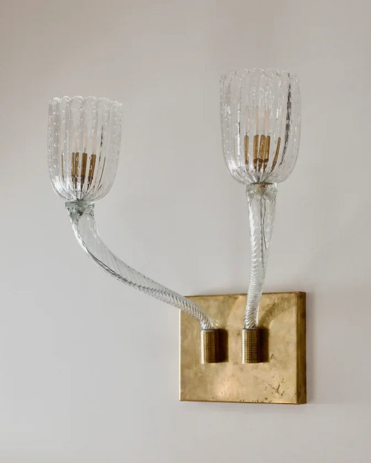 BRASS TWIN ARMED MURANO GLASS WALL SCONCES