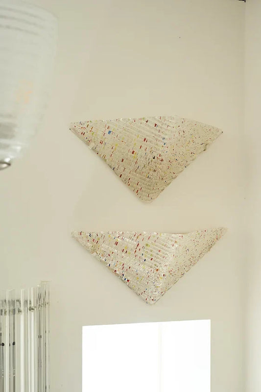 PAIR OF COLOURFUL SPECKLED RIBBED GLASS GEOMETRIC SCONCES