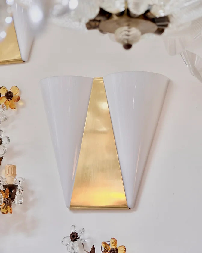 PAIR OF TRIANGULAR BRASS TWIN SCONCES