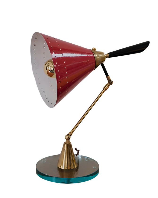 RED MODERNIST ADJUSTABLE TABLE LAMP w. GLASS BASE
