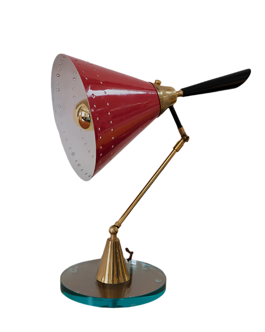 RED MODERNIST ADJUSTABLE TABLE LAMP w. GLASS BASE